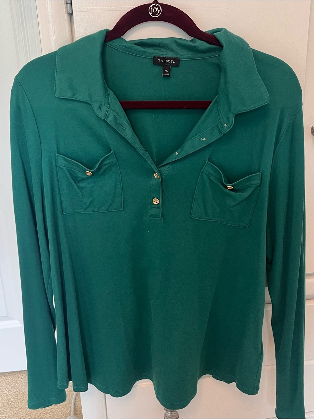 Talbots Green Long-Sleeve Polo Shirt Size XL Gold Buttons Fall